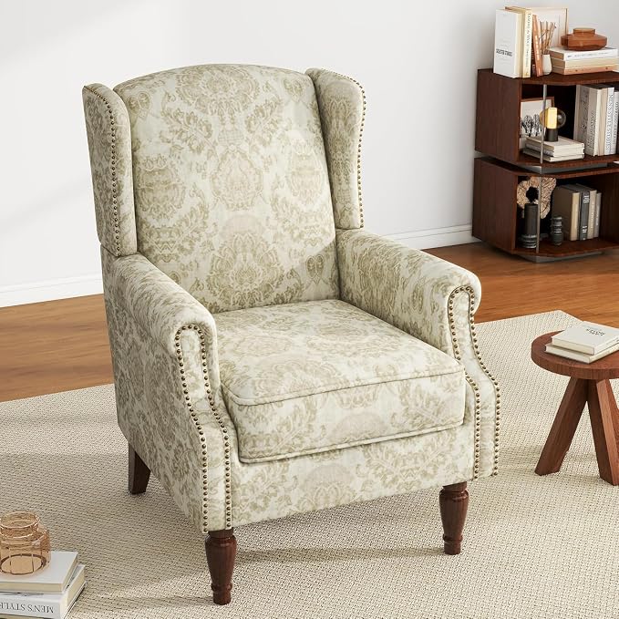 High Back Accent Chairs Set of 2, Fabric Wingback Chair Floral Upholstered Armchair for Living Room - White