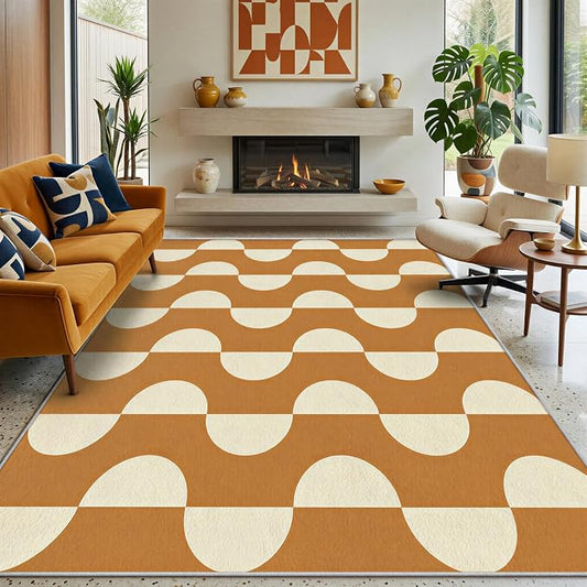 Caramel Dot Wave Area Rug 6 x 8 ft, Mid-Century Modern Geometric Rug, Brown Cream Abstract Washable Rug, Soft Low Pile Non-Slip Carpet for Living Room Bedroom Dining Room