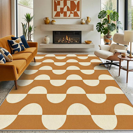 Caramel Dot Wave Area Rug 3 x 5 ft, Mid-Century Modern Geometric Rug, Brown Cream Abstract Washable Rug, Soft Low Pile Non-Slip Carpet for Living Room Bedroom Dining Room