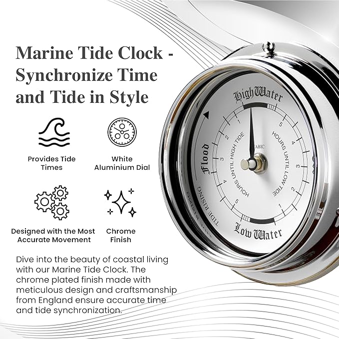 Traditional Tide Clock: Heavy Brass, Chromium-Plated (0.5 kg), Nautical Elegance, Handmade in England—Perfect for Fishing Tides, Durable Design