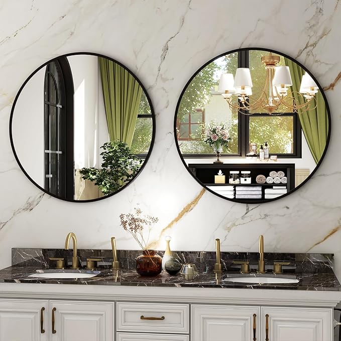 HARRITPURE Round Mirror 24 Black Wall Mounted Circle Mirrors Vanity Mirror with Brushed Aluminum Alloy Frame Modern Decoration for Bathroom, Living Room, Vanity, Bedroom, Entryway