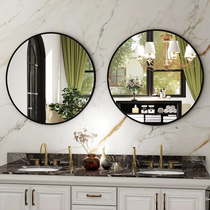 HARRITPURE Round Mirror 24 Black Wall Mounted Circle Mirrors Vanity Mirror with Brushed Aluminum Alloy Frame Modern Decoration for Bathroom, Living Room, Vanity, Bedroom, Entryway