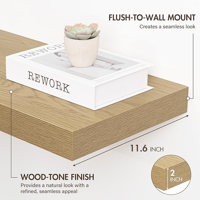 40 Inch Floating Shelves, 12" Deep Floating Shelf Wall Mounted, 40" Wall Shelves, Rustic Deep Bookshelf, Extra Deeper & Thicker Display Shelves for Bedroom, Living Room, Oak, Set of 2