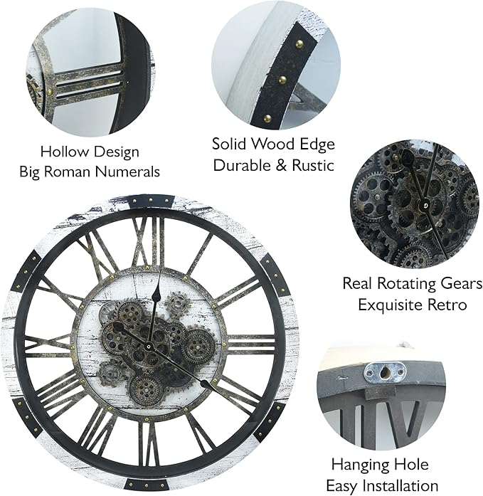 DORBOKER 27 Inch Large Wall Clock Farmhouse Wooden Clock with Moving Gears HD Toughened Glass Cover, Oversized Industrial Steampunk Rustic Wall Clock for Living Room Decor Home Kitchen Office (White)