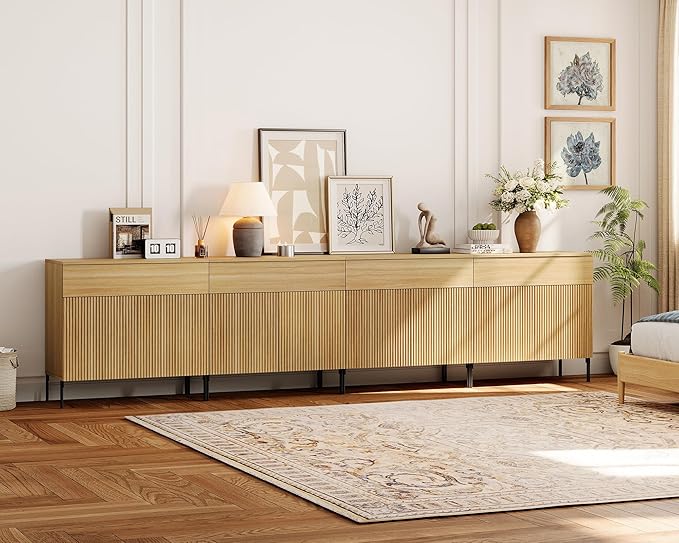 WAMPAT 126" W Large Sideboard Buffet Cabinet with Storage,4 in 1 Fluted Sideboard Buffet with 8 Doors, Wooden Buffet Table, Coffee Bar Wine Bar Cabinet for Kitchen, Dining Room, Living Room, Oak