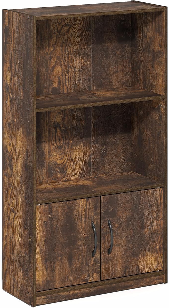 Furinno Gruen Book Shelf, 3-Tier Bookshelf, Bookcase with Open Shelf and 2 Doors Storage Cabinet, 9.3 x 21.8 x 39.5, for Organization and Storage, for Living Room, Bedroom, Home Office, Amber Pine