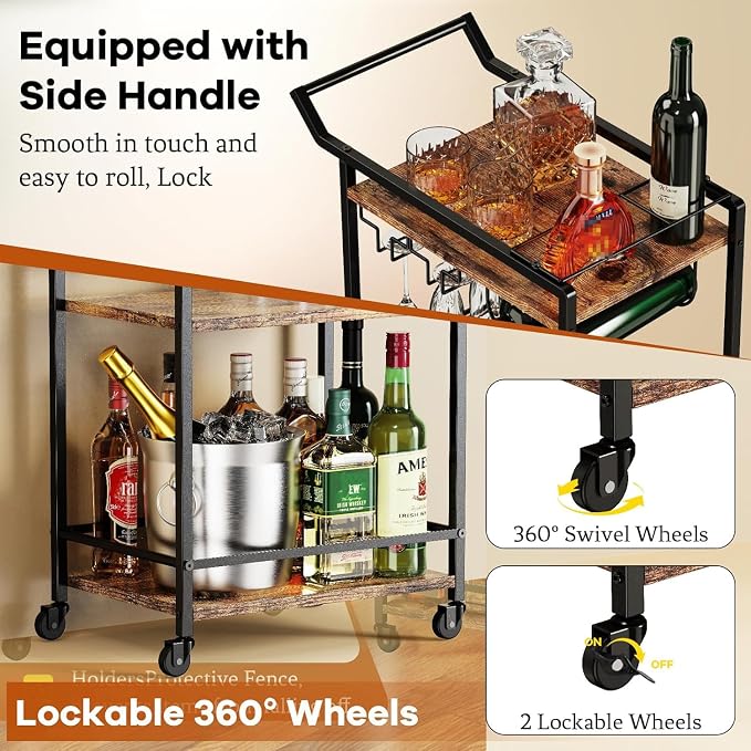 LOTEYIKE 3 Tier Bar Cart, Mini Liquor Utility Cart for Wine Beverage Dinner Party, Rolling Wine Coffee Drink Serving Cart with Lockable Wheels for Home Kitchen Bars (Rustic Brown)
