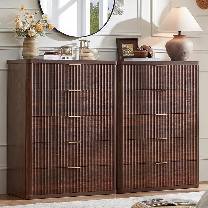 LEYAOYAO Fluted 5 Drawers Dresser Set of 2, 41" Tall Modern Chest of Drawers with Metal Handle, Curved Profile Dresser TV Stand, Wooden Drawer Organizer for Bedroom, Living Room, Hallway, Walnut