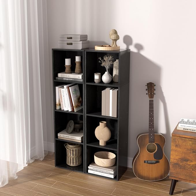Wooden 4 Cube Storage Organizer, 4 Tier Storage Cubes Storage Display Cubby,Freestanding DIY Closet Shelving Unit for Living Room Bedroom Office(Black, 4 Cube-W(11.8inch)