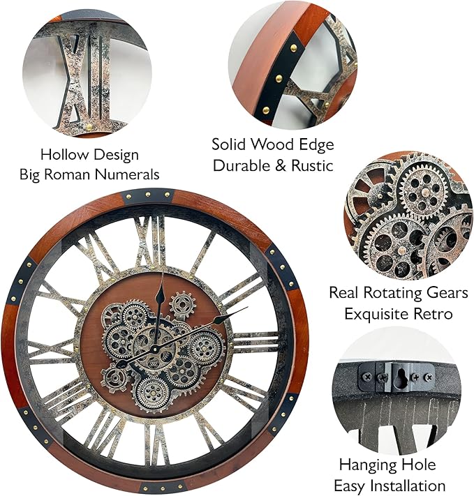 DORBOKER 30" Original Moving Gears Wall Clock, Large Industrial Wall Clock for Living Room Decor, Retro Wood Vintage Farmhouse Steampunk Rustic Clocks for Wall Decor,Black Walnut