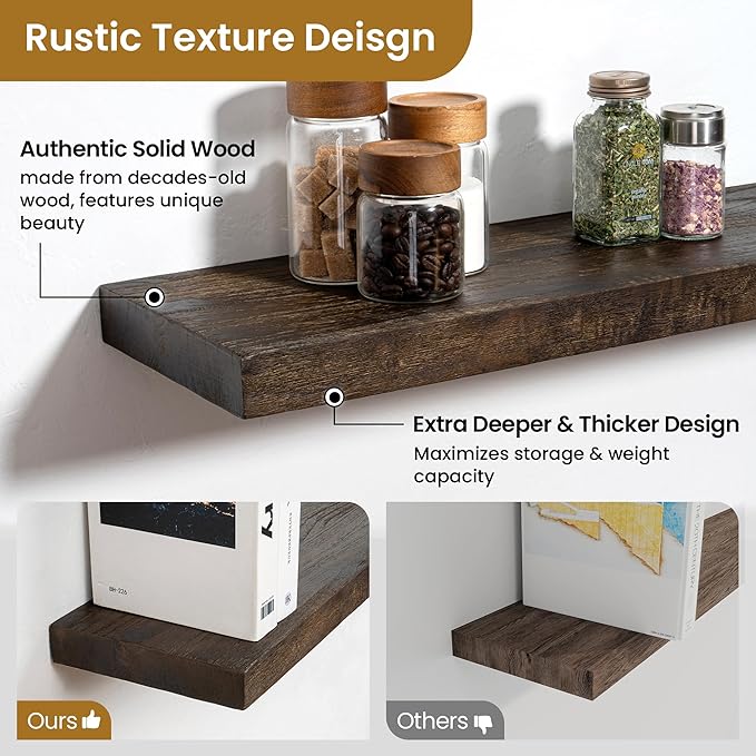 RICHFOCUS Rustic Wooden Floating Shelves for Wall - 55 Inch Wood Shelves Set of 2-7.9 Inch Deep Solid Paulownia Wood Wall Mounted Shelves with Upgraded Metal Brackets for Room Decor, Walnut