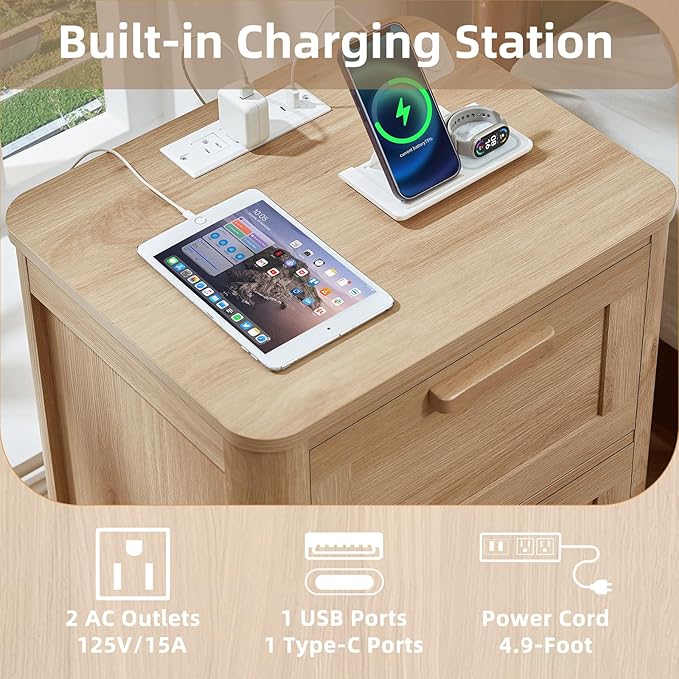 Farmhouse Nightstand Set of 2 with Charging Station, End Tables Bedroom with 2 Large Drawers & 4 Thickened Table Legs, Natural Wood