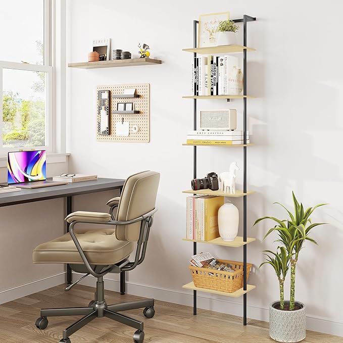 6-Tier Ladder Shelf, 77 Inches Wall Mounted Ladder Bookshelf with Metal Frame, Wood Tall Open Storage Rack and Display Shelves for Home Office Bedroom Living Room, Light Oak