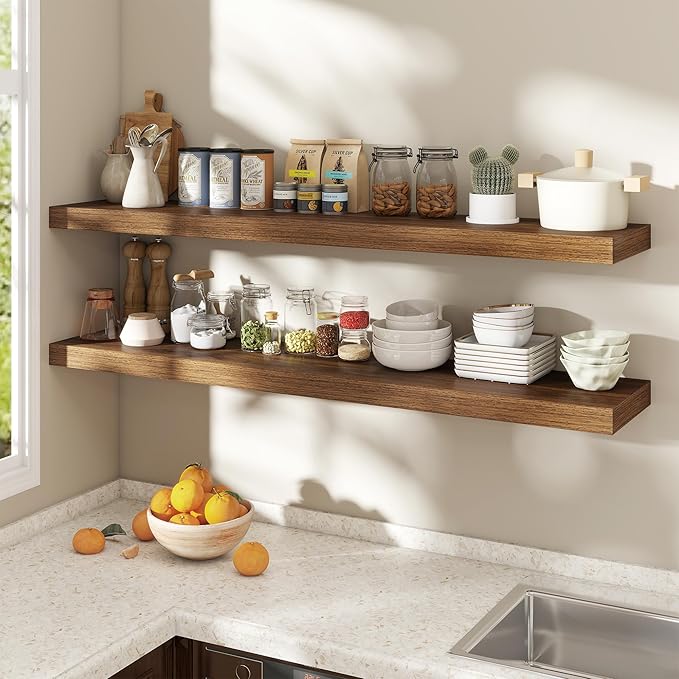 Dreamland 55 Inch Floating Shelves for Wall,8 Inch Deep Floating Shelves,55" W x 8" D Wall Shelves for Bedroom,Living Room, Kitchen,Bathroom,Walnut,Set of 2
