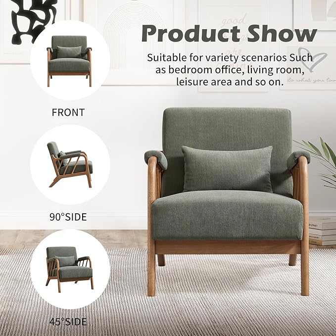 INZOY Mid Century Modern Accent Chair with Wood Frame, Upholstered Reading Armchair with Soft Corduroy Fabric, Accent Chair for Living Room Bedroom Apartment, Easy Assembly, Green