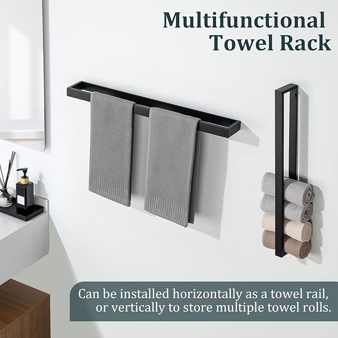 Sayayo Matte Black Towel Racks for Bathroom, 24 Inch Towel Bar Wall Mount, Bath Towel Holder SUS304 Stainless Steel, Square Towel Rod (22.8 Inch Hanging Length)