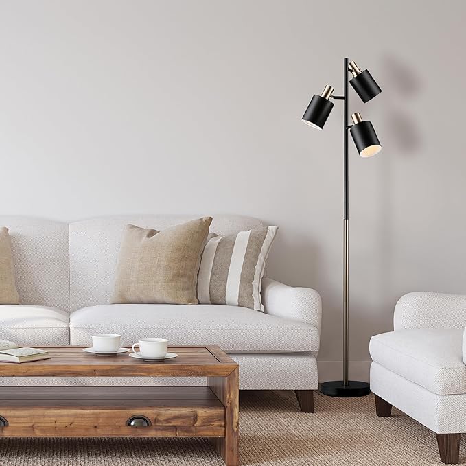 GLOBE Electric x Novogratz 67354 67" 3-Light Tree Floor Lamp, Matte Black, Brass Accents, Adjustable Pivoting Heads, Modern Standing Light for Living Room or Office, E26 Base, Upscale Industrial