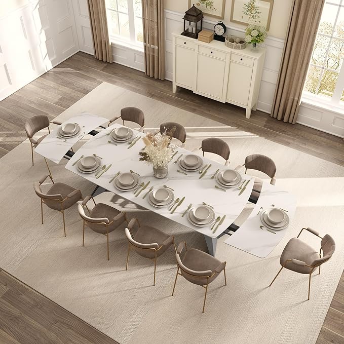 Extendable Dining Table with Leaf, 78"-110" Rectangular Sintered Stone, Marble-Look Top, Seats 6-14, Metal Base, Easy-Clean, Heat & Scratch Resistant, Dining Room/Kitchen Table for Family Gatherings