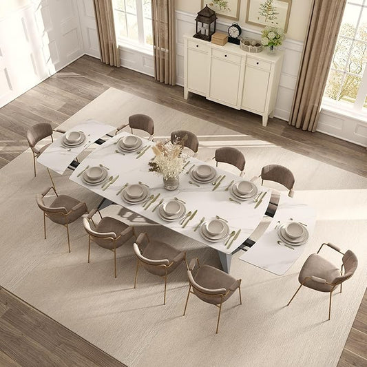 Extendable Dining Table with Leaf, 78"-110" Rectangular Sintered Stone, Marble-Look Top, Seats 6-14, Metal Base, Easy-Clean, Heat & Scratch Resistant, Dining Room/Kitchen Table for Family Gatherings