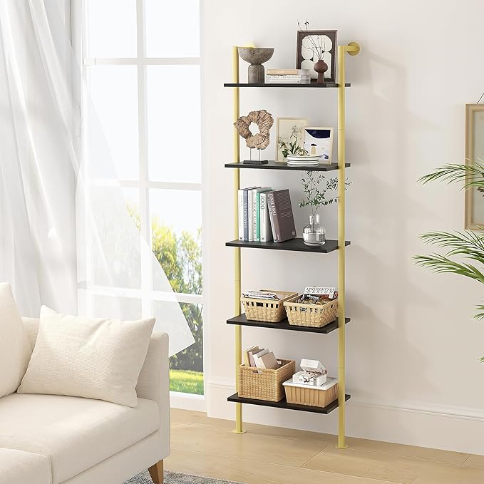 Acovy 5-Tier Bookshelf Solid Wood Ladder Shelf, Narrow Book Shelf Display Shelf, Wooden Bookcase, Wall Mount Ladder Shelf, Storage Rack for Living Room, Bedroom, Industrial Style, Black&Gold