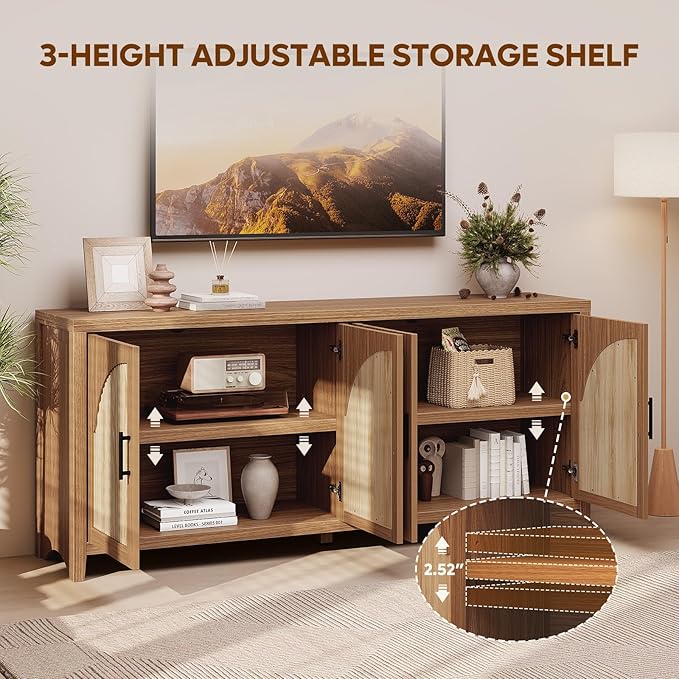 Bestier 70" Sideboard Buffet Cabinet with Storage, Boho Credenza Storage Cabinet, Farmhouse Arch Fluted Doors & Adjustable Shelves, Wood Long Buffet Cabinet for Living Room, Entryway, English Oak