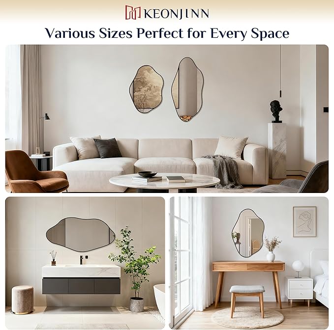 Keonjinn Black Irregular Mirrors for Wall 24" x 36" Inch, Asymmetrical Metal Frame, Tempered Glass Decorative Mirror for Bathroom, Bedroom, Living Room, Entryway(Horizontal/Vertical)