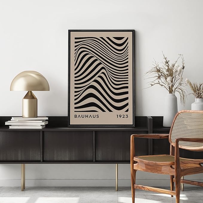 MUDECOR Framed Canvas Print Wall Art Mid-Century Bauhaus Black Stripe Illusion Shapes Abstract Illustrations Modern Art Minimal Multicolor Relax/Calm for Living Room, Bedroom, Office - 24"x36" Black