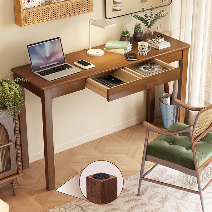 Wood Desk, Solid Wood Writing Table for Home Office, Mid Century Modern Desk with Drawers, Walnut (47inch / 120cm)