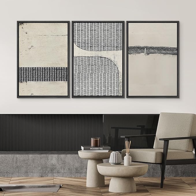 SIGNWIN Framed Canvas Print Wall Art Set Black Tan Grunge Grid Polygon Pattern Abstract Shapes Cozy Neutral Decorative Contemporary Minimal for Living Room, Bedroom, Office - 16"x24"x3 Black