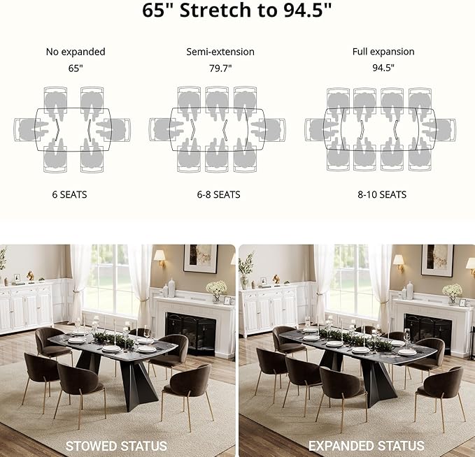 Extendable Dining Table with Leaf, 65"-95" Rectangular Sintered Stone, Marble-Look Top, Seats 6-12, Metal Base, Easy-Clean, Heat & Scratch Resistant, Dining Room/Kitchen Table for Family Gatherings