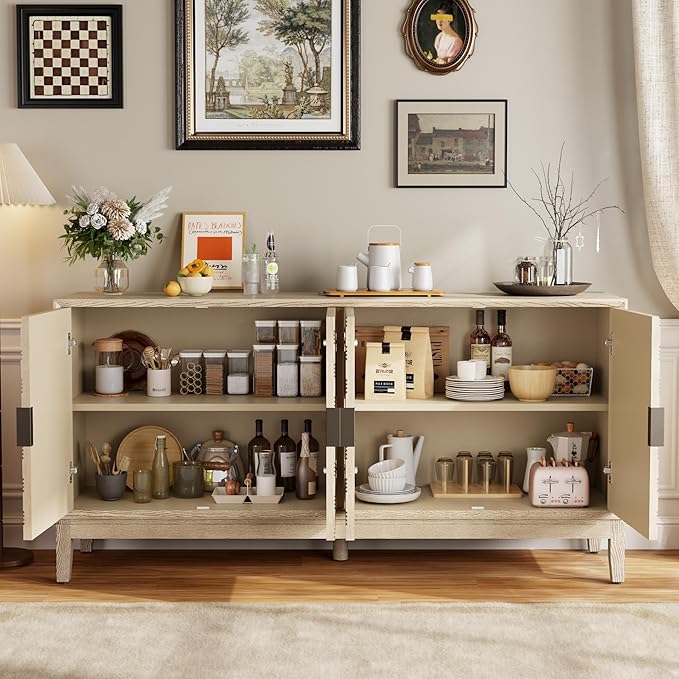 Buffet Cabinet with Storage, Distressed Storage Cabinet with 4 Carved Doors and Adjustable Shelf, Wooden Accent Sideboard Buffet Cabinets for Kitchen, Living Room, Entryway, Light Brown