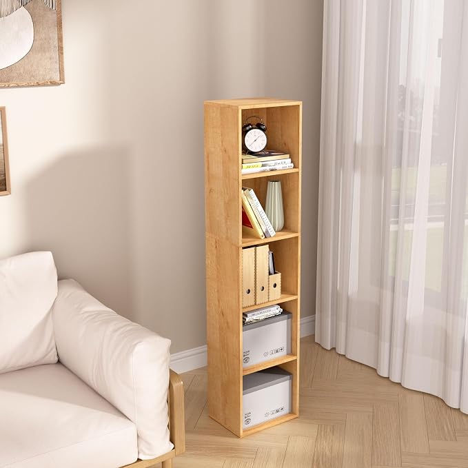 5-Tier Wooden Cube Storage Organizer, 52 Inch Tall Bookcase & Display Shelf with 5 Open Cubes, Freestanding DIY Closet Shelving Unit for Living Room Bedroom Office (Oak, 5 Cube-W(11.8inch)