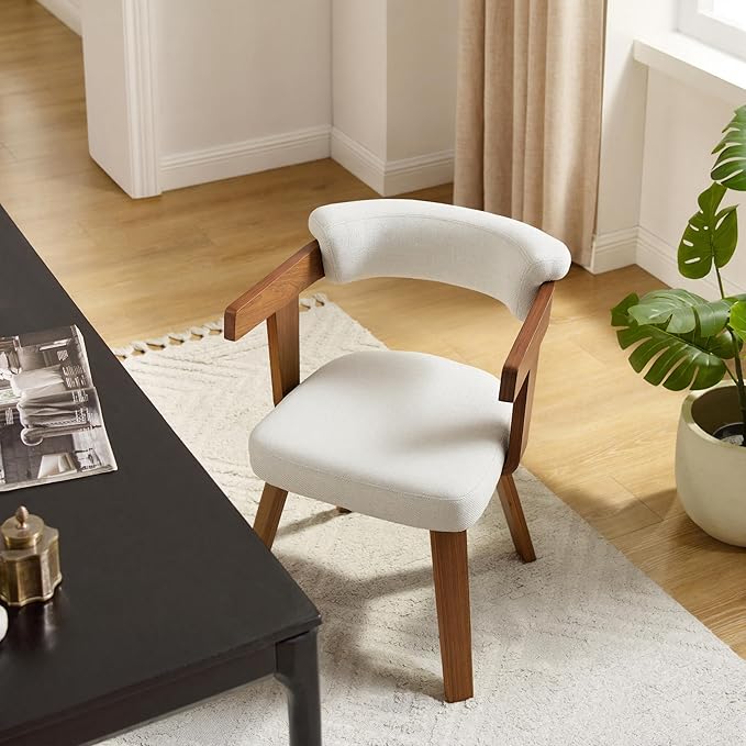 Art Leon Office Chair No Wheels - Mid Century Modern Desk Chair, Fabric Upholstered Accent Arm Chair with Wood Legs for Small Spaces Home Office Living Room Bedroom Study, Off White/Walnut
