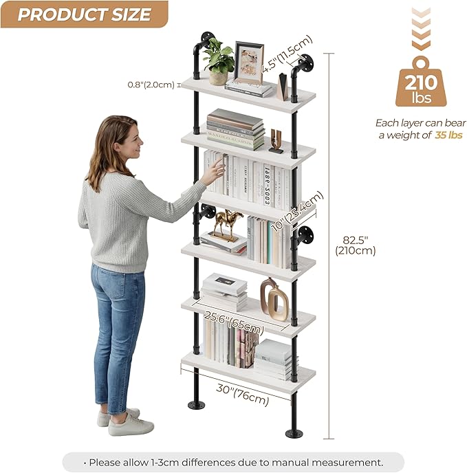 Pipe Shelves, Wall Mounted Wood Metal Industrial Shelves, Ladder Bookshelf for Living Room (White, 10" D x 30" W x 82.5" H)