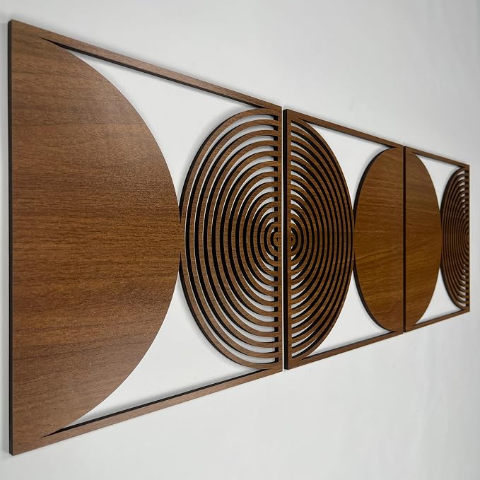 Geometric Mid Century Modern Wooden Decor, Rustic Boho Wood Wall Art, Large Wall Decor Over the Bed, Circular Wall Panels for Living Room and Bedroom