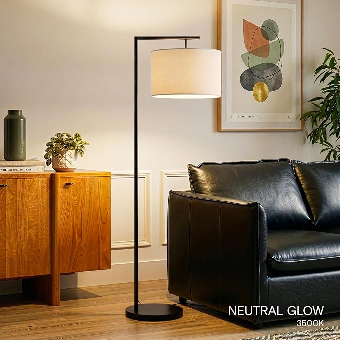 Brightech Montage Modern Floor Lamp - LED Standing Lamp with Tan Shade for Living Rooms & Offices - Bedroom Reading Light - Tall Corner Pole Lamp for Contemporary Home Decor - Black