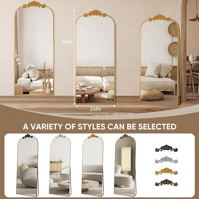 Antok Arched Full Length Mirror, 65"x22" Floor Mirror with Carved, Full Body Mirrors for HomeDecor, Standing/Halling Large Wall Mirror for Bedroom, Living Room, Cloakroom, Gold, Retro Style