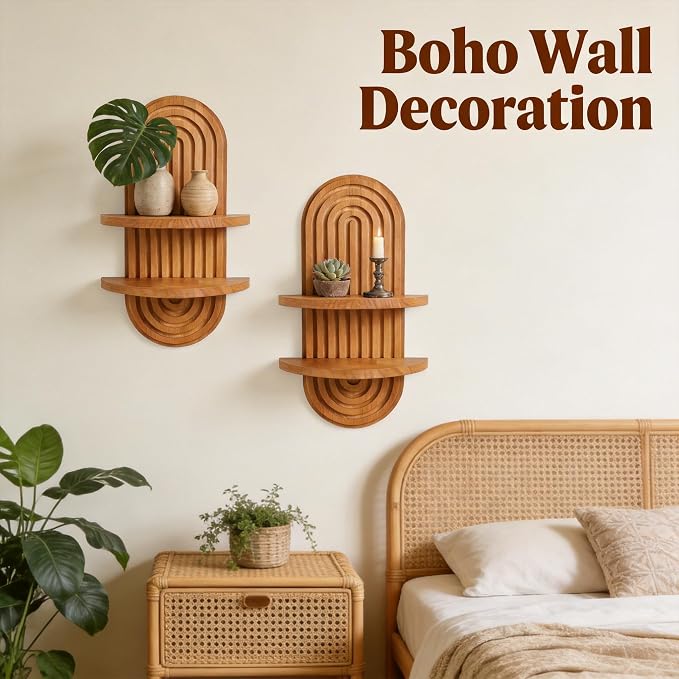 Vintage Arch Plants Wall Shelf Boho Wall Decor 2-Tier Wood Floating Shelves, 16.7"X 9" Modern Wall Mounted Display Shelves, for Home, Living Room, Bedroom, Office Decor (Brown-1pcs)
