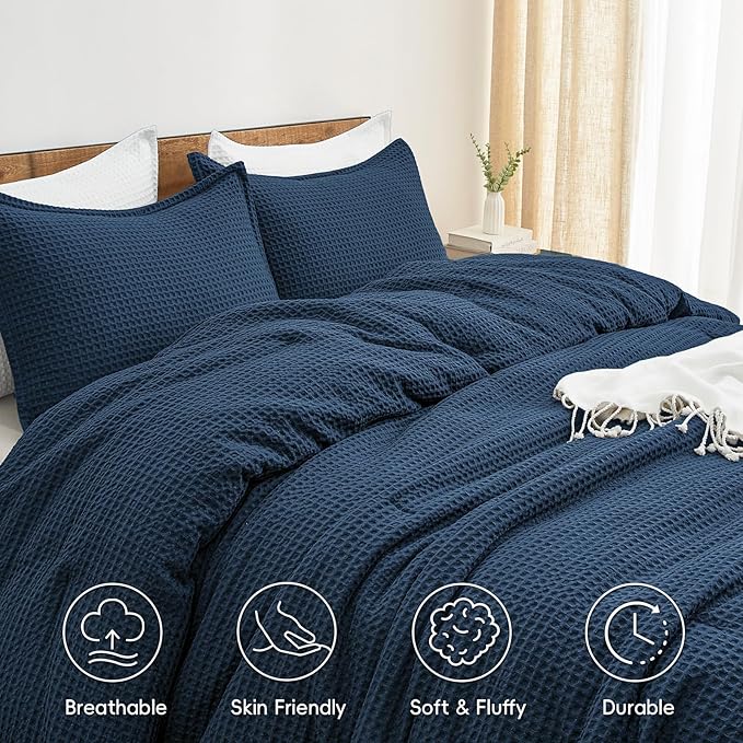 PHF Ultra Soft Waffle Weave Comforter Set King Size, 3 Pieces Lightweight Breathable Comfy Bedding Set, Comfy Textured 1 Comforter with 2 Pillow Shams, Navy Blue