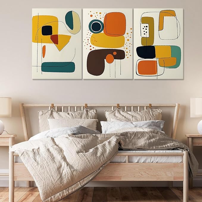 Hotuijxca Color Block Abstract Canvas Wall Art, Color Geometric Abstract Canvas Wall Art, Mid-Century Modern Colorful Block Wall Painting for Living Room, Bedroom, Office (16" x 24" x 3 pcs)