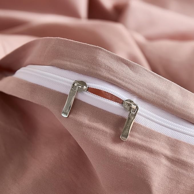 100% Washed Cotton Duvet Cover Queen Size – Red Pink, Linen-Like Texture, Super Soft & Breathable Bedding Set, 3-Piece Durable Percale Comforter Cover