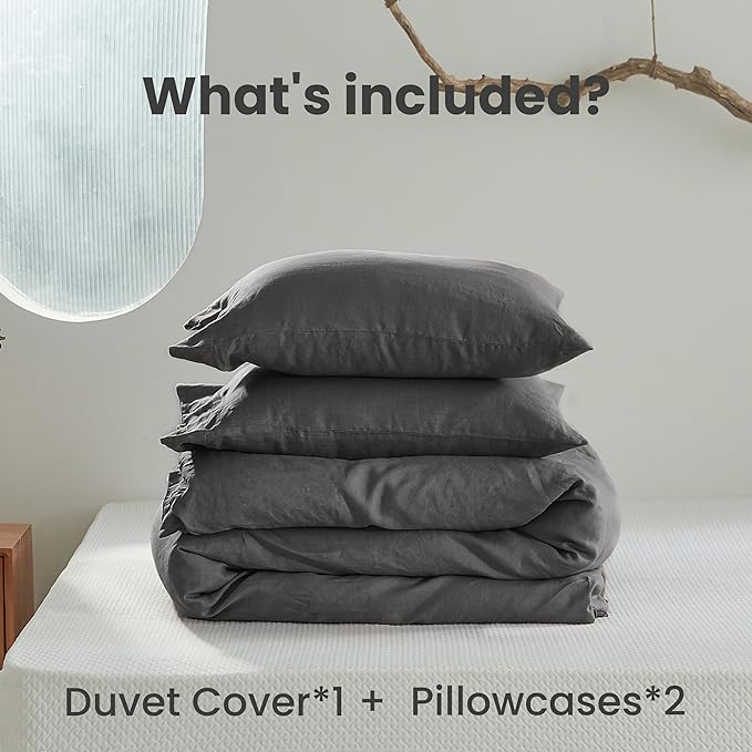 Simple&Opulence 100% Linen Duvet Cover Set 2pcs with Coconut Button Closure Natural French Washed Flax Solid Color Soft Breathable Farmhouse Bedding - Dark Grey, Twin Size