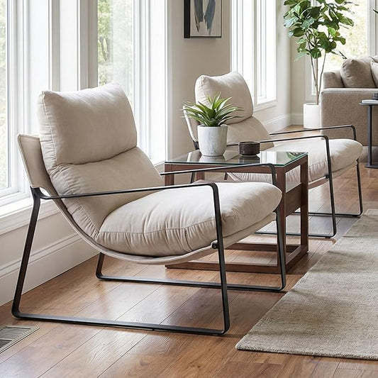 LukeAlon Modern Accent Armchairs Set of 2, Upholstered Soft Living Room Chairs with Metal Base Removable Thickened Cushion Sofa Chairs Comfy Lounge Chair for Bedroom Living Room, White Chenille