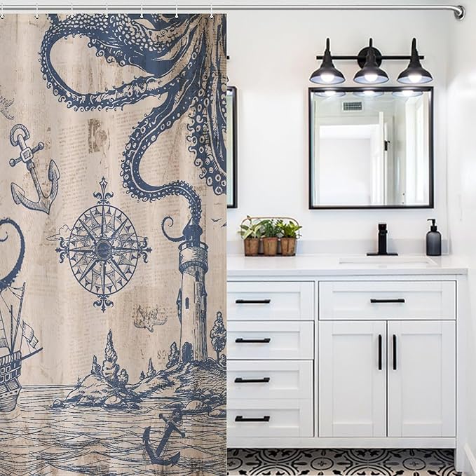 Ocean Nautical Shower Curtains,Sailboat Compass Hand Painted Navigation Vintage Nautical Elements Waterproof Shower Curtains for Bathroom Decor 12 Pack Hooks 55x72in（140x183cm）
