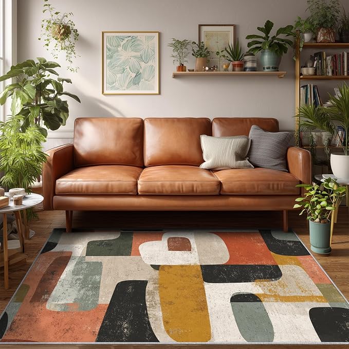 Mid Century Modern Rugs for Bedroom Decor, 5x7 ft, Abstract Geometric Area Rugs for Living Room, Soft Non Slip Washable Geo MCM Carpet Home Decorations Dt-Ghf-28
