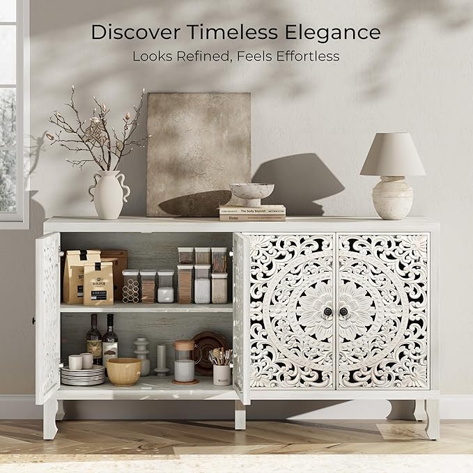 Buffet Cabinet with Storage, Accent Cabinet with 4 Carved Doors, Solid Wood Sideboard with Adjustable Shelf, White Vintage Cabinets for Kitchen, Living Room, Entryway