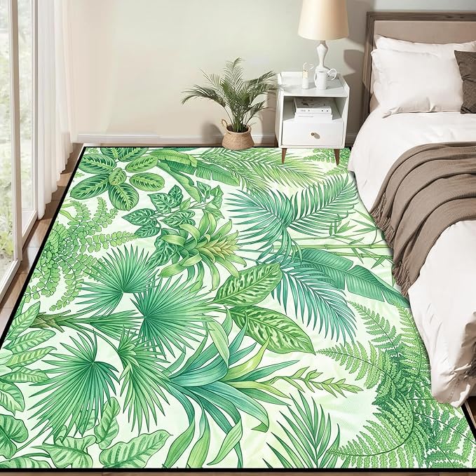 Tropical Leaves Area Rug 4'x6' Green Botanical Palm Fern Leaf Rug Non Slip Washable Indoor Floor Mat for Bedroom Living Room Nursery Kitchen Playroom Home Decor