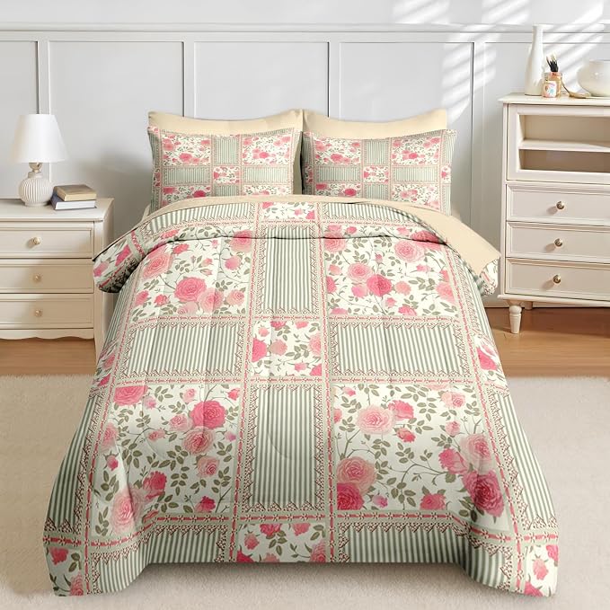 Nesker Comforter Set Queen Size, Floral Rose Leaves 7 Pcs Bedding for Kids and Adults, Shabby Chic Checkered Flower Bed Sheet Sets with Fitted Sheet 2 Pillowcases & 2 Shams