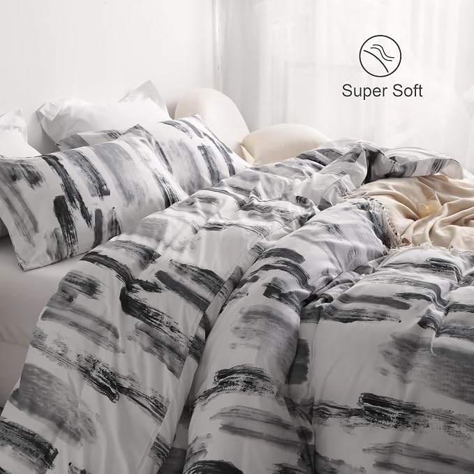 NTBAY 2 Pieces Duvet Cover Set Twin Size for Kids, Reversible Zipper Comforter Cover with 4 Corner Ties and 1 Pillow Sham, Soft Brushed Microfiber Comforter Cover Set with Black and White Ink Printed