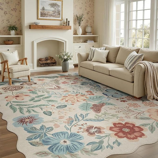 DCX Beige Floral Rug 5x7, Washable Beige Rug for Living Room, Kid & Pet Friendly with Rubber Back Non Slip, Soft Low Pile Carpet, Stain Resistant Rug for Bedroom, Nursery, Dining Room